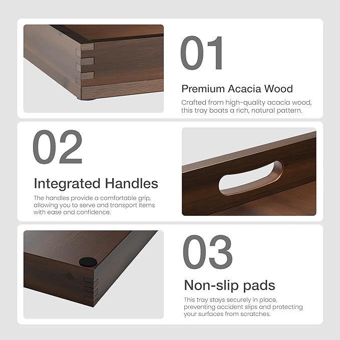 24 Inch Acacia Wood Square Ottoman Tray - Wooden Square Serving Tray - Extra Large Food Serving Trays for Decorative, Coffee Table, Breakfast in Bed - Charcuterie Trays (Walnut Color)