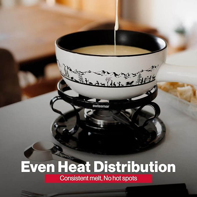 Swissmar Heidi Cheese Fondue Set - 2.8 QT / 2.65 L - Ceramic Fondue Pot with Rechaud, Fondue Burner, 6 Forks & Recipe Card - Ideal for Melting Cheese, Chocolate & Caramel - White