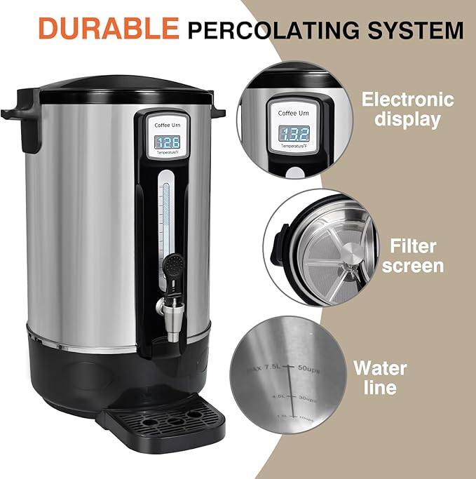 Commercial Coffee Urn 100 Cups（20L, Stainless Steel Large-Capacity Coffee Maker for Catering, Events, Offices & Restaurants, Fast Brew & Keep Warm Function