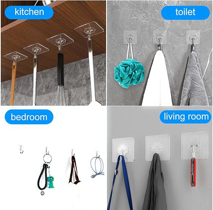 33lbs Adhesive Hooks for Hanging on Wall or Ceiling, Heavy Duty, Clear, Damage Free, Traceless, Stick on Hangers for Kitchen Bathroom, 10pcs