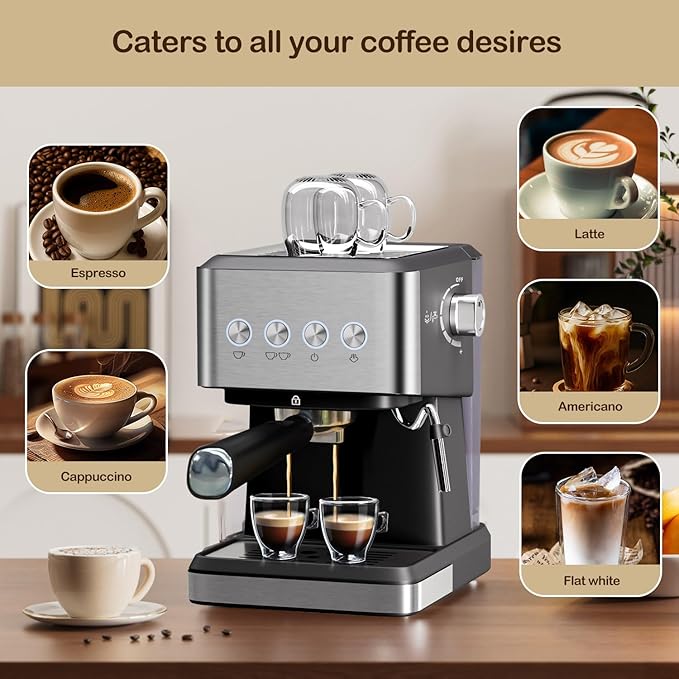 Espresso Machine with Milk Frother, 20 Bar Espresso Maker for Cappuccino&Latte, Compact Coffee Maker for Home&Office, 50oz Removable Water Tank, Stainless Steel