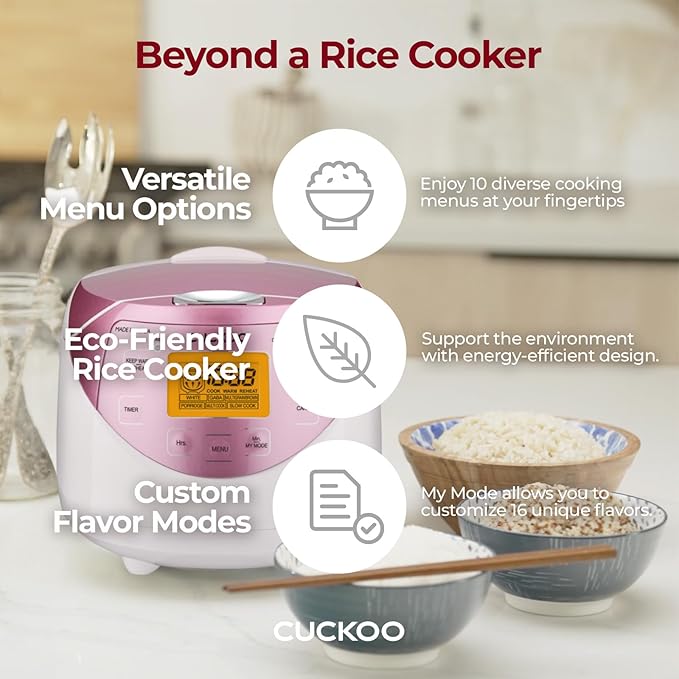 CUCKOO CR-0631F 6-Cup (Uncooked) / 12-Cup (Cooked) Micom Rice Cooker with Nonstick Inner Pot, 7 Menu Modes, LCD Display, Fuzzy Logic Tech, Auto Clean (White/Pink)