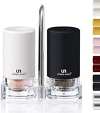 Black and White Salt and Pepper Shakers with Holder - Elegant Stainless Steel Salt Shaker and Pepper Shaker Set with Acrylic Holder for Kitchen Counter or Restaurant Table