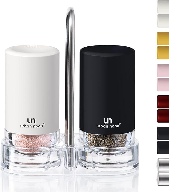 Black and White Salt and Pepper Shakers with Holder - Elegant Stainless Steel Salt Shaker and Pepper Shaker Set with Acrylic Holder for Kitchen Counter or Restaurant Table