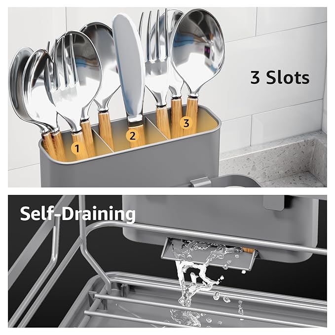 Dish Drying Rack for Kitchen Counter, Space-Saving Dish Rack, Multifunctional Dish Drainer Rack, Sink Kitchen Dishes Strainer, Dryer Rack with Drain Board, and Cutlery Holder,Small Size Gray