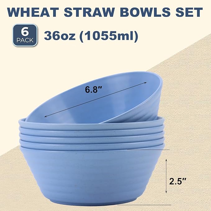 Wheat Straw Bowl Sets,6 PCS Unbreakable Cereal Bowl 36 OZ,Microwave and Dishwasher Safe Bowls,Kitchen Bowls for Serving Soup,Oatmeal and Salad （Sky Blue）