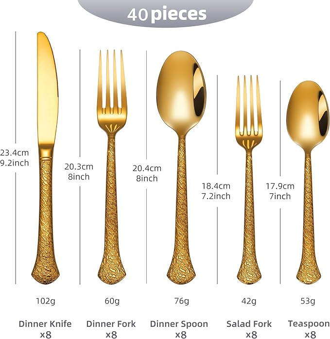 SuperCook 40-Piece Gold Hammered Flatware Set for 8, Durable 18/10 Stainless Steel, Dishwasher Safe, Elegant, Heavy Duty