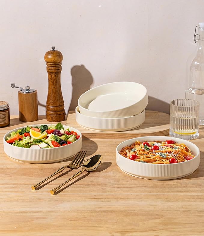 theterra 7.5'' Ceramic Pasta Bowls, Salad Bowls Set of 4, Stoneware Serving Bowls for Fruits, Noodle, Dinner, House-warming Wedding Present, Beige