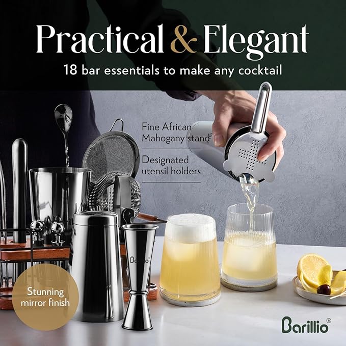 Barillio Black Bartender Kit – 23-Piece Stainless-Steel Cocktail Shaker Set with Premium African Mahogany Stand | Martini Barware Mixing Tools for Home Bartending | Gift Set