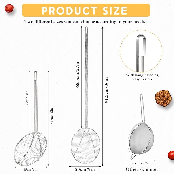 Baderke 2 Pcs 36 Inch Round Plated Wire Skimmer Stainless Steel Food Strainer Spoon Mesh Stirring Fryer Skimmer with Long Handle for Kitchen Fried Food Cooking Straining Frying