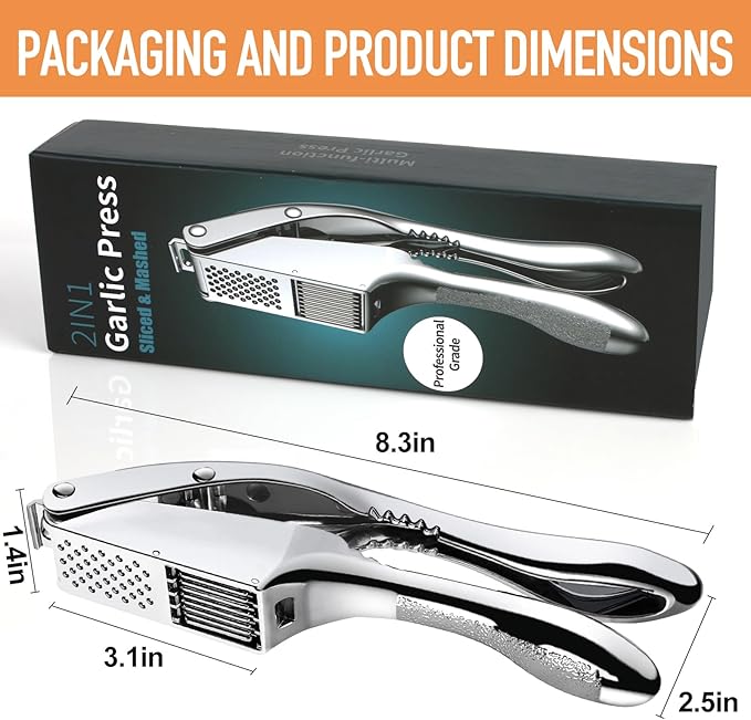 Garlic press and slicer 2 in 1,Effortlessly Crush, Slice, and Mince Garlic,with this Versatile Kitchen Tool - Perfect for Home Cooks and Professional Chefs Alike. (Silvery)