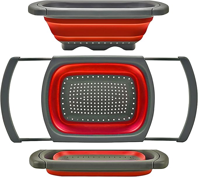 Qimh Colander Collapsible, Over The Sink Veggies/Fruit 6-Quart Strainers and Colanders with Extendable Handles, Folding Strainer for Kitchen