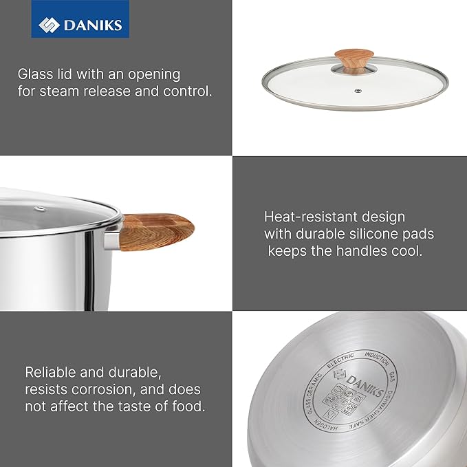 Daniks Oslo 6-Piece Stainless Steel Induction Cookware Set – Dishwasher Safe Pots with Heatproof Handles, Glass Lids, Silver