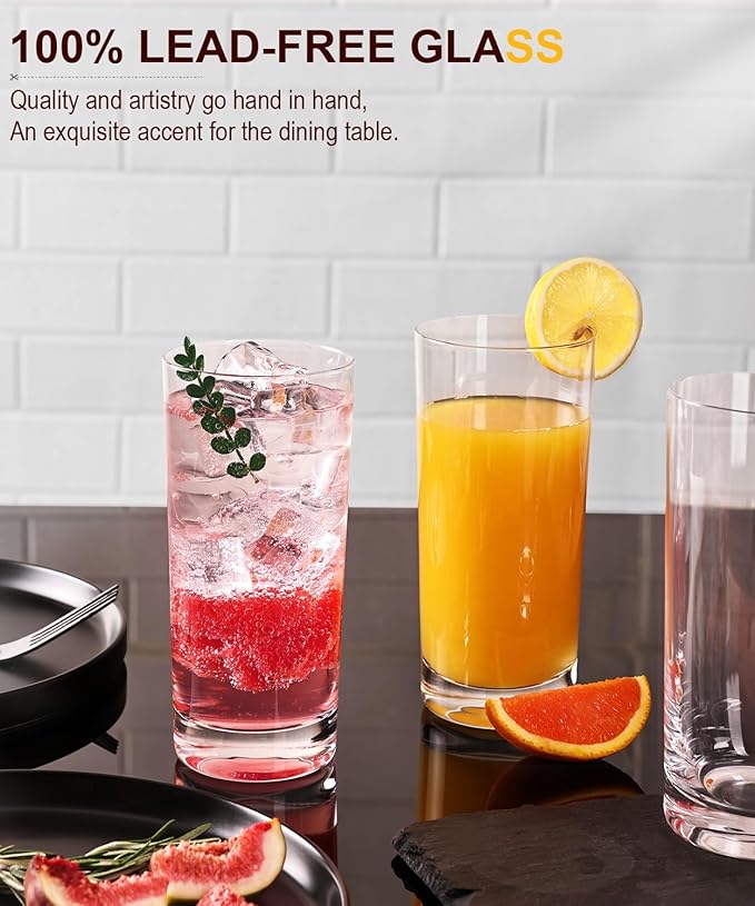 LUNA & MANTHA Drinking Highball Glasses Set of 4, Water Glasses 16 oz, Wide Mouth Design Lead-Free Crystal Glassware, Tall Glass Cups for Mojito and Tom Collins, Cocktail