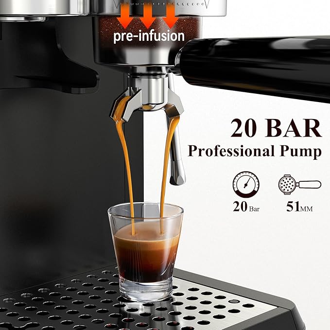 Espresso Machine with Grinder, 20Bar Expresso Coffee Machines with Milk Frother, Professional Compact Stainless Steel Coffee Maker for Espresso, Latte & Cappuccino, Perfect for Home Use