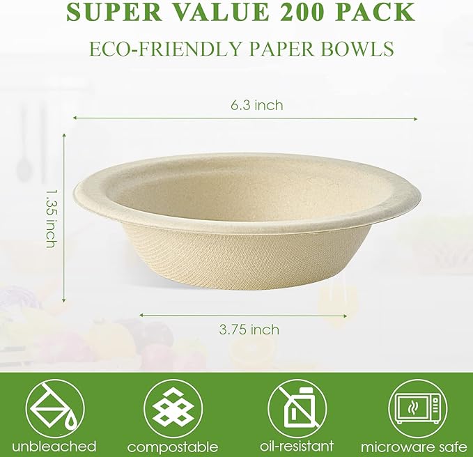 Vplus 200 Pack 12 OZ Paper Bowls, Disposable Compostable Bulk, Eco-friendly Bagasse, Heavy-duty Bowls Perfect for Milk Cereals, Snacks, Salads