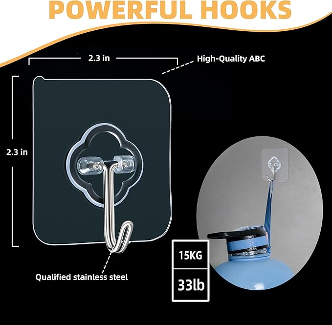 Adhesive Wall Hooks for Hanging, 50 Pack Heavy Duty Stainless Self Sticky Hooks, Waterproof and Rustproof Clear Self Adhesive Utility Hooks for Bathroom Kitchen Office Outdoor Inside Wardrobe Towel