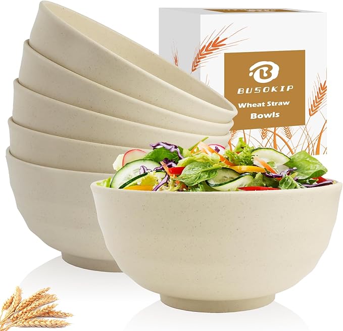 Wheat Straw Bowls 60 OZ Large Salad Bowl Set of 6, Microwave and Dishwasher Safe Plastic Serving Bowls, Unbreakable Kitchen Bowl, Big Bowls for Eating, Soup, Popcorn and Ramen (Beige)