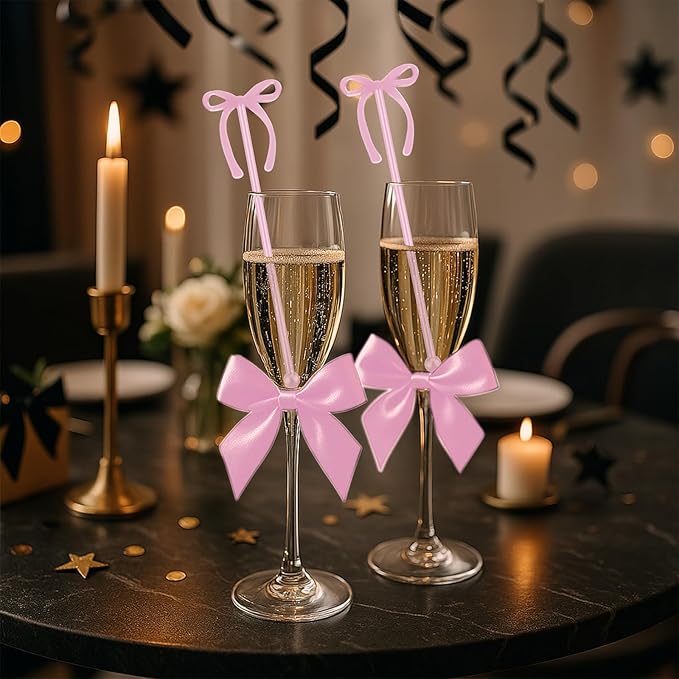 30 Pcs 6 Inch Bow Drink Stirrers, Bow Stir Sticks Coffee Stirrers Reusable Plastic Swizzle Sticks for Wedding Birthday Bridal Cocktail Decorations Supplies (Rose Gold)