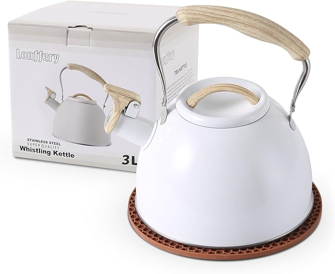 LONFFERY Tea Kettle for Stove Top, 3.2 Quart Whistling Tea Kettle, Food Grade Stainless Steel and Wood Pattern Folding Handle, White