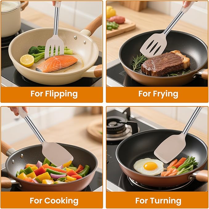 Silicone Spatulas Turners, Solid & Slotted Silicone Spatula Set, Non Stick Turners,Ailsoes Heat Resistant BPA Free Rubber Spatulas for Fish, Eggs, Pancakes, WOK，2 Pack (Black)