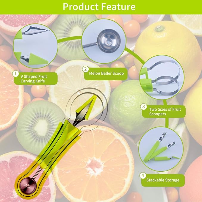 5Pcs Melon Baller Scoop Set, 4 in 1 Stainless Steel Fruit Scooper Seed Remover Cutter, Double Sided Melon Baller Spoon, Avocado Cutter, Watermelon Carving Knife for Dig Pulp Separator Fruit Slicer