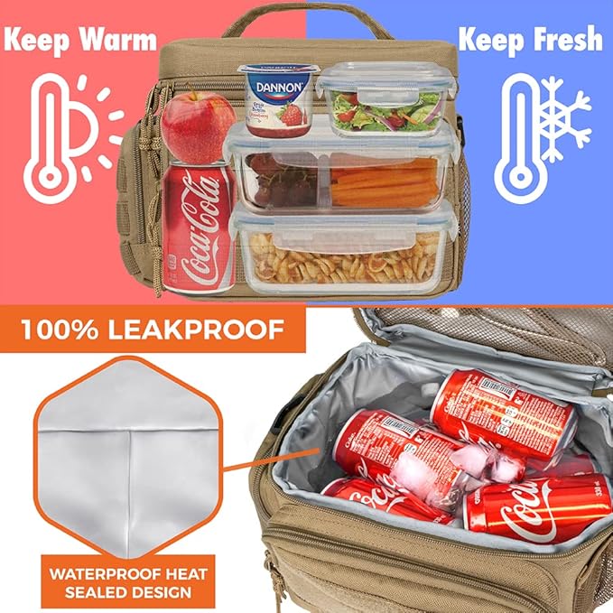 opux Tactical Lunch Box for Men, Tan Mens Insulated Lunch Bag for Adult, Leakproof Soft Lunch Cooler with MOLLE Mesh Side Pockets, Multicam Heavy Duty Lunchbox Pail for Work Women, Large, 18 Cans
