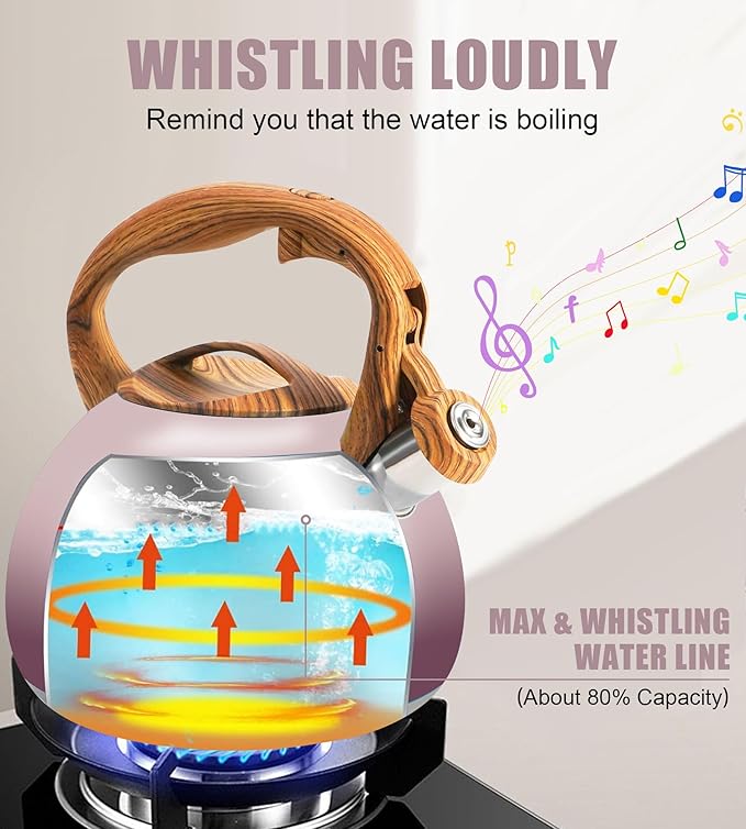 Tea Kettle for Stove Top, 3.2QT Whistling Tea Pots with Wood Parttern Handle, Stainless Steel Teapot for Home and Kitchen (Purple Gradient)