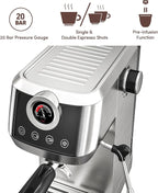 wirsh Espresso Machine, 20 Bar Semi-Automatic Espresso Maker with Pressure Gauge, Steam Wand, Stainless Steel Expresso Coffee Machine for Espresso/Latte/Cappuccino, Touch Screen,Home Barista Plus