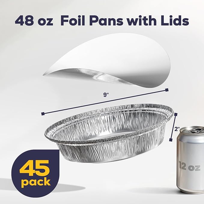 Fit Meal Prep 45 Pack 9” Round Aluminum Foil Pans with Lids, Pie Tins Disposable 9 inch with Lids, Take Out Containers, Freezer Oven Safe Aluminum Baking Pans for Storing, Cooking, Storage, Reheating