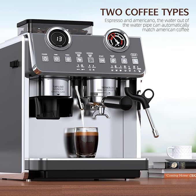 Espresso Machine with Grinder, 20 Bar Pressure Professional Coffee Maker with 30 Grinding Settings, 58mm Portafilte, Anti-scalding Milk Frother Steam Wand for Latte (IronGrey)