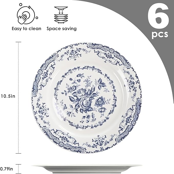 Dinner Plates, Ceramic Plates Set of 6, Kitchen Plates Microwave Safe, White Plate Dessert Blue Floral Plate Porcelain (Blue Rose, 10.5 inch)
