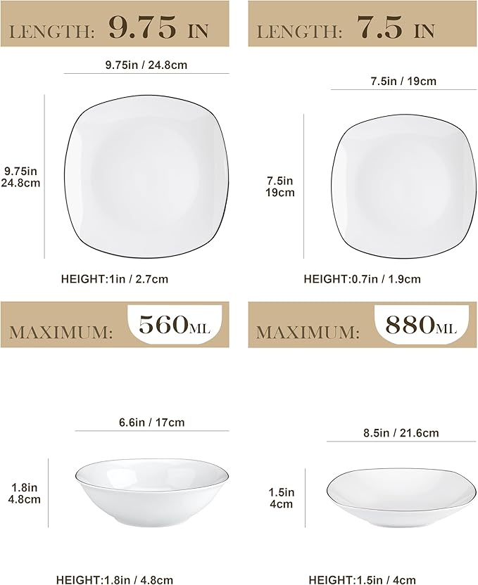 MALACASA Dinnerware Sets, 24 Piece Porcelain Square Dishes, White with Black Rim Plates and Bowls Sets, Ceramic Dish Set for 6, Chip Resistant Dishware Sets, Series ELISA