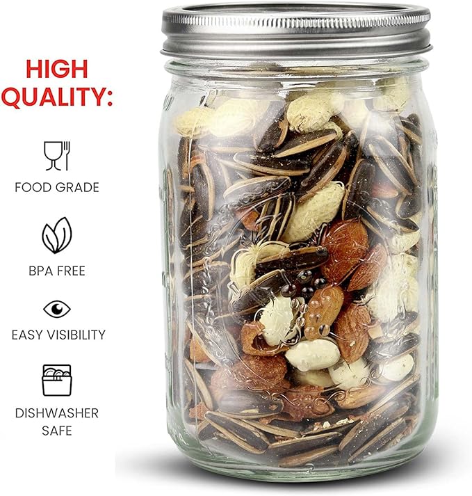 Bedoo Mason Jars 32 oz, 12 Pack Quart Mason Jars With Wide Mouth Lids, Glass Jars for Canning, Food Storage, Meal Prep, Overnight Oats, Fermenting, Pickling, DIY Projects