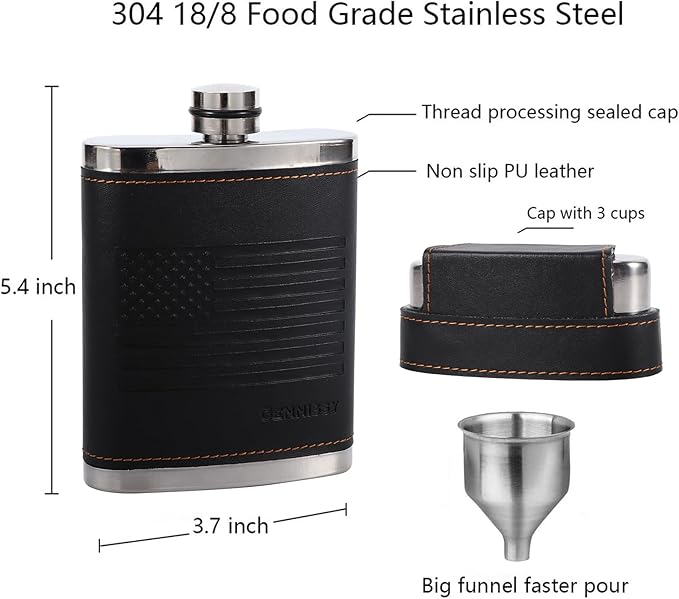 GENNISSY 8oz Hip Flask for Men - 304(18/8) Stainless Steel Bourbon Whiskey Flask, Leakproof with American Flag Leather Wrap - Includes Funnel & 3 Mini Cups for Gifts Travel