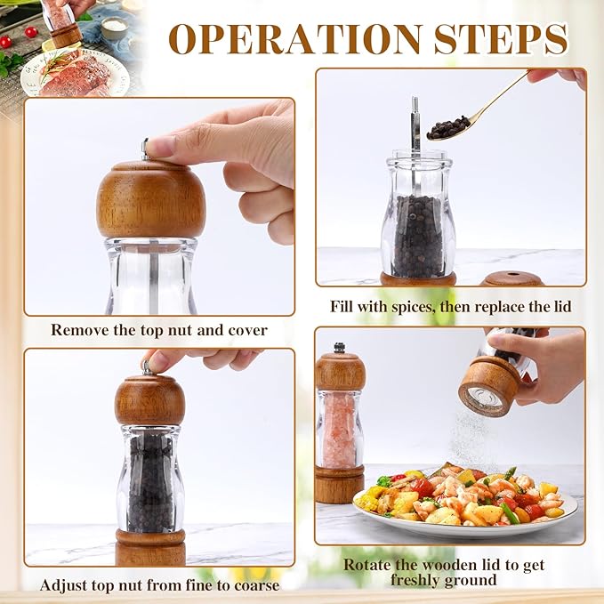 2 Pcs Vintage Wooden Pepper Mill Grinder Set with Base - 6.3 inches Acrylic Salt & Pepper Shakers with Adjustable Coarseness, Refillable Manual Ceramic Core Grinder for Kitchen, Home, Gift