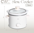 COOK WITH COLOR 2QT Mini Electric Round Slow Cooker - Adjustable Settings, Removable Stoneware Pot, Tempered Glass Lid, Dishwasher Safe, Cool-Touch Side Handles, Cream