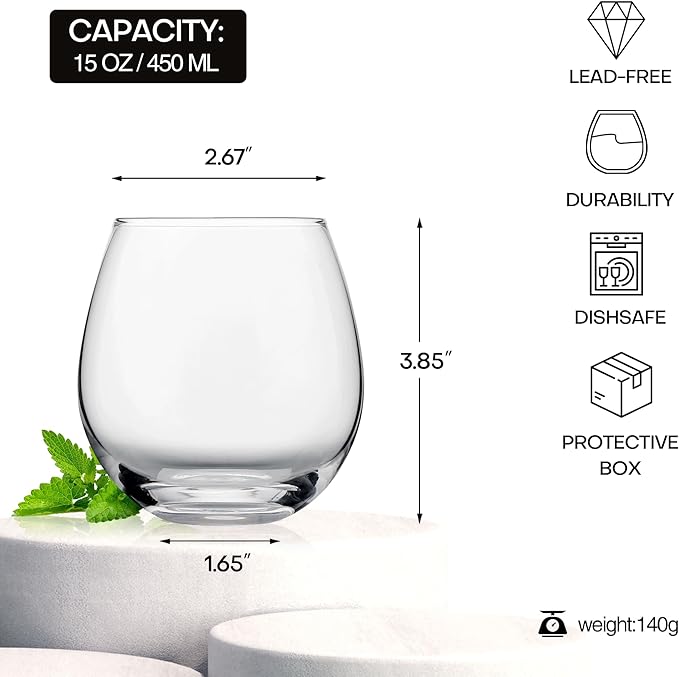 Stemless Wine Glasses Set of 6, 15oz Red & White Wine Glasses for Daily Use, Wedding, Birthdays, Housewarming Gift, Hosting, Home Bar, Evening Party(Clear)