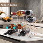 Rose Gold Wine Rack Countertop 14 Bottles, Geometric Stainless Steel Wine Bottle Holder,3 Tier Wine Racks for Cabinet Pantry Bar Table No Assembly Required