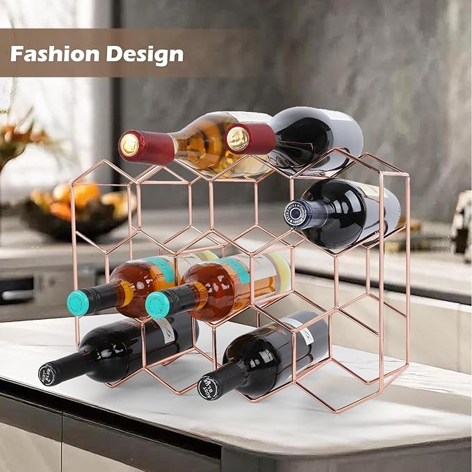 Rose Gold Wine Rack Countertop 14 Bottles, Geometric Stainless Steel Wine Bottle Holder,3 Tier Wine Racks for Cabinet Pantry Bar Table No Assembly Required