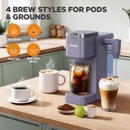Single Serve Coffee Maker with Built-in Detachable Milk Frother, Iced and Hot Coffee Machine for K Cup & Grounds, 40oz Removable Water Reservoir, 6 Cup Sizes, Fits 7.3" Travel Mug, Purple