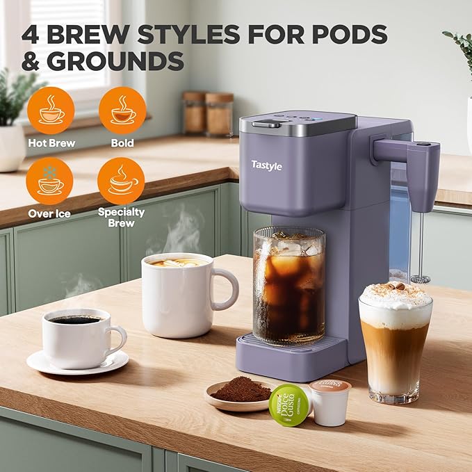 Single Serve Coffee Maker with Built-in Detachable Milk Frother, Iced and Hot Coffee Machine for K Cup & Grounds, 40oz Removable Water Reservoir, 6 Cup Sizes, Fits 7.3" Travel Mug, Purple
