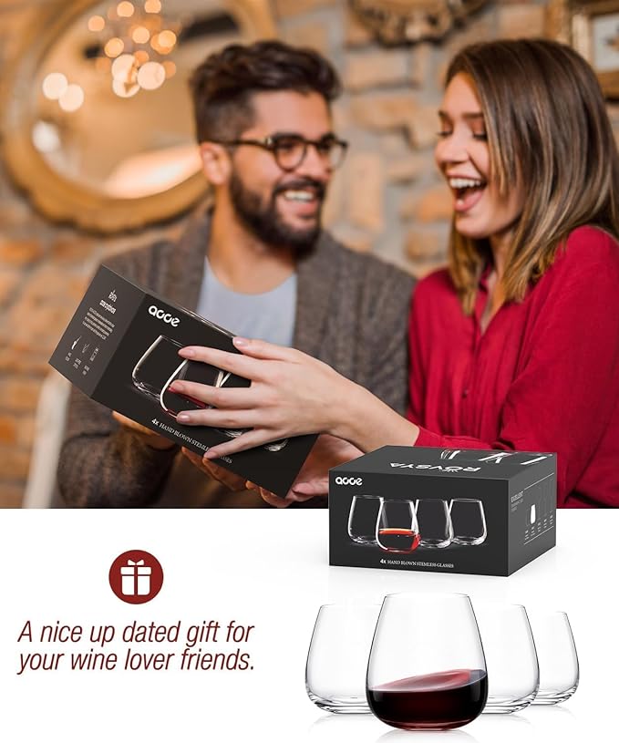 Stemless Wine Glasses Set of 4, 15oz Hand Blown Crystal Red White Wine Glass, Ideal for Daily Use and Special Days, Perfect Gifts for Both Men and Women, Father's Day