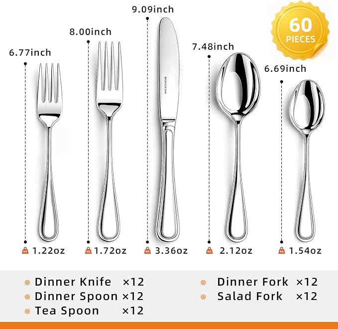 Silverware set for 12,60 Pieces Premium Stainless Steel Silverware set,Mirror Polished Cutlery Set,Heavy Duty Flatware Set for 12,Dishwasher Safe,Luster Series