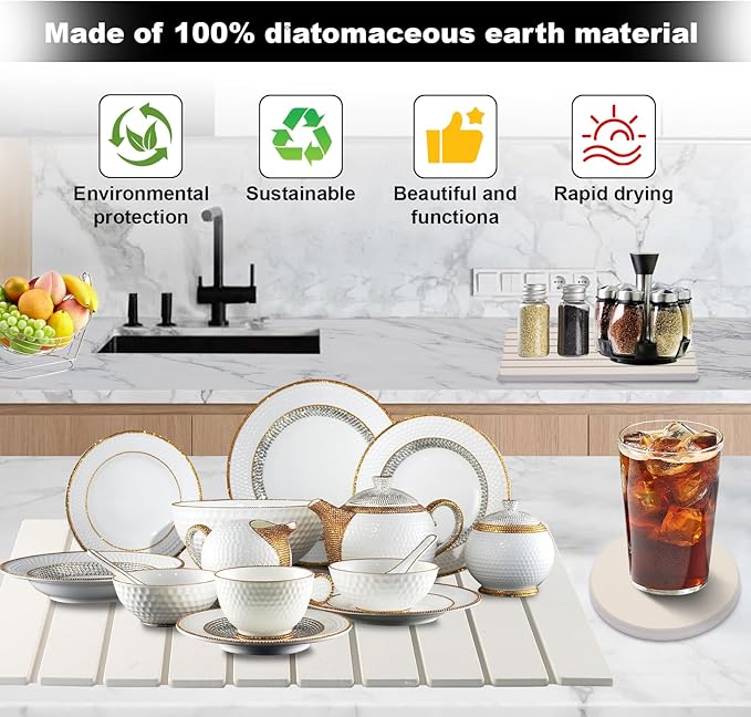 Stone Drying Mat for Kitchen Counter, 23.6"x15.4" Absorbent Dish Drying Mat with 2 Pack Absorbent Stone Coasters, 1 Seasoning Pad, Quick Dry Large Dish Drying Mats for Kitchen Counter, White