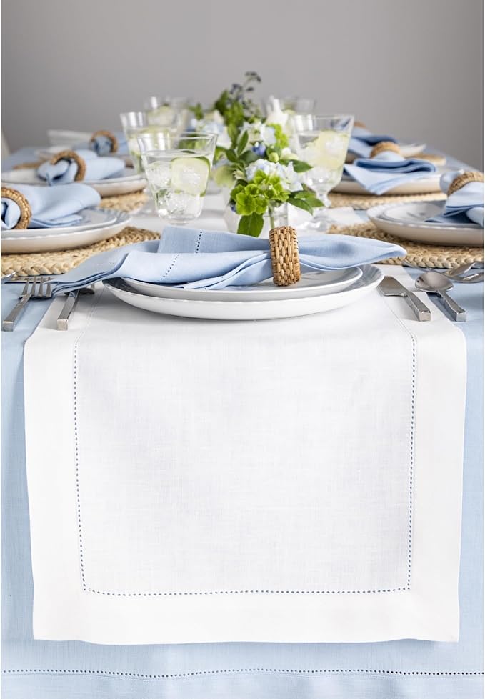 Solino Home Linen White Table Runner 36 Inches - Classic Hemstitch, 100% Pure Linen Coffee Table Runner 14 x 36 Inch Ideal for Dresser Tables - Summer, Fall, Autumn, Halloween