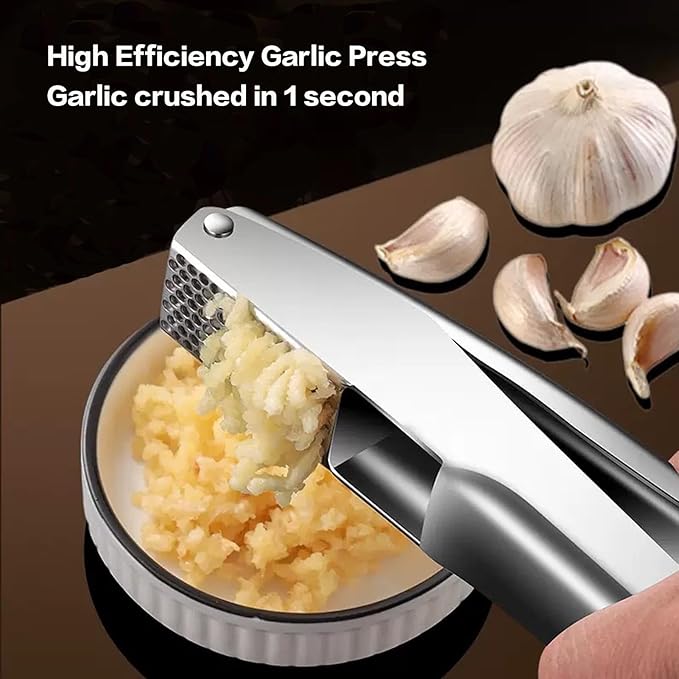 Garlic Press Stainless Steel, Easy Cleaning Kitchen Garlic Mincer & Crusher with Garlic Peeler Tube and Scraper, Heavy Duty Metal Ginger Press, Easy Squeeze, Dishwasher Safe