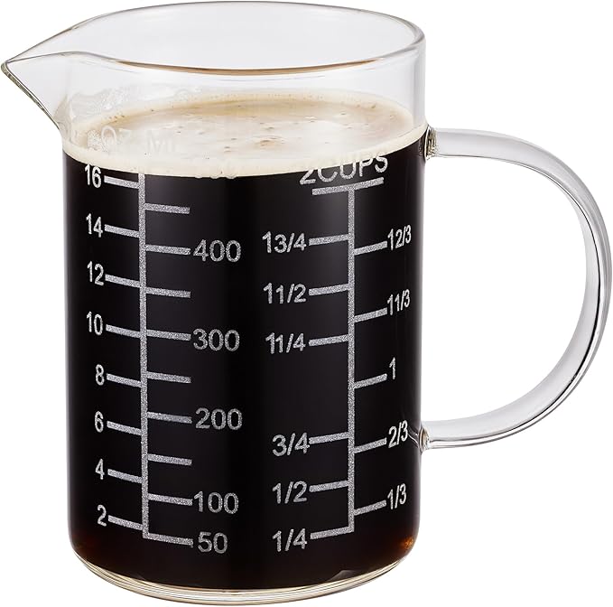 Ackers Mirror Etching Scale Glass Measuring Cup-[Insulated handle | V-Shaped Spout]-Made of High Borosilicate Glass Measuring Cup for Kitchen or Restaurant, Easy to Read, 500 ML (16 Oz, 2 Cup)