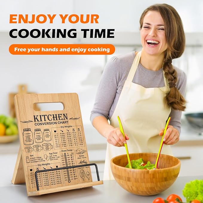 Bamboo Cookbook Stand for Kitchen Counter, Recipe Book Holder with Measurement Conversion Chart, Adjustable Cookbook Holder, Essential Accessories for Holding Cookbooks