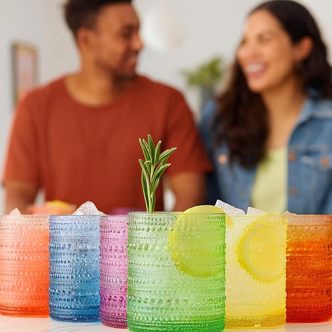 Khen Hobnail Drinking Glasses - Colorful Tumblers, 10 oz Drinkware for Parties, Brunches, BBQs, Picnics & Gifts - Cups for Cocktails, Iced Tea & Juice - BPA-Free - Set of 6, Summer Colors